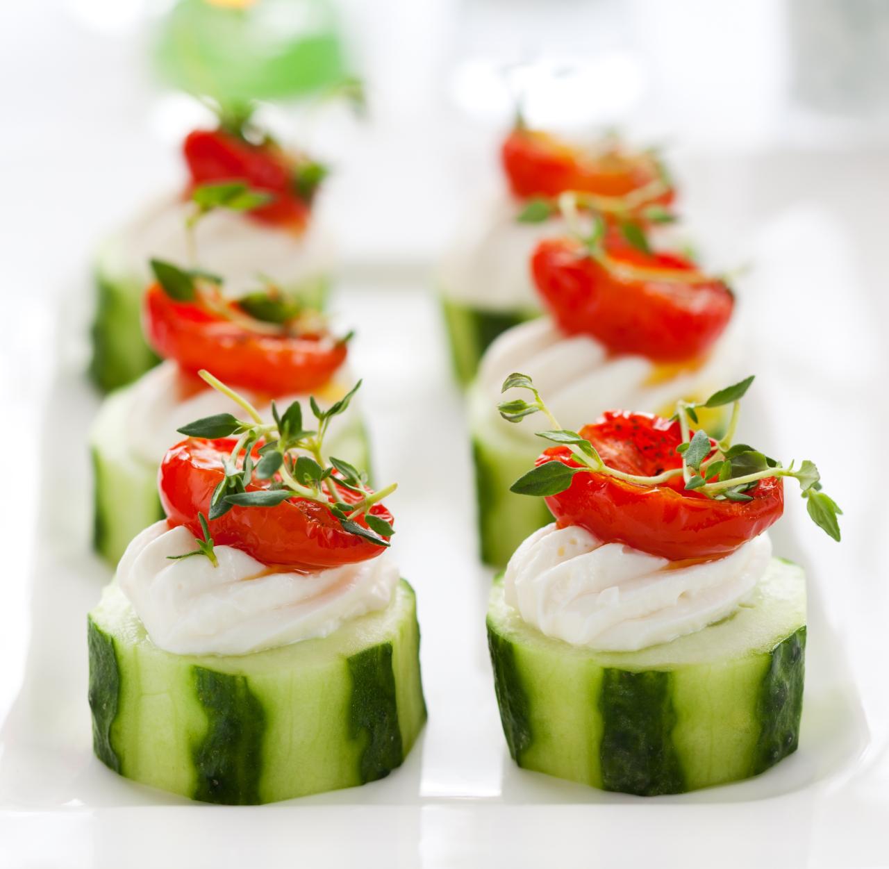 Cucumber Rounds w/ Herb Cream Cheese Filling, Grape Tomatoes & Greens